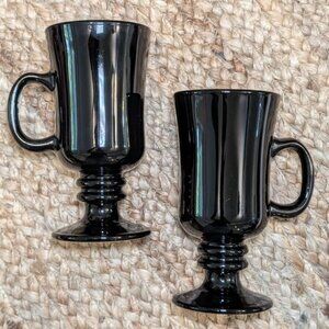 Vintage Libbey Black Amethyst Glass Irish Pedestal Style 8oz Coffee Mug Set Of 2